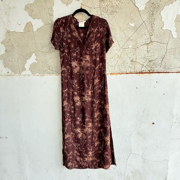 Burgundy Abstract Floral Midi Dress Empire Waist Soft Drape Short Sleeve Size M - Picture 1 of 6